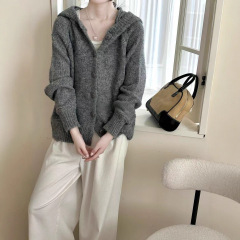 复古设计感灰色毛衣外套韩系镂空勾花连帽卫衣女宽松百搭针织开衫