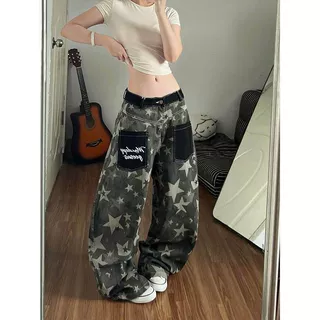 工厂定制拼接口袋美式复古星星印花牛仔裤女阔腿夏做旧宽松长裤子