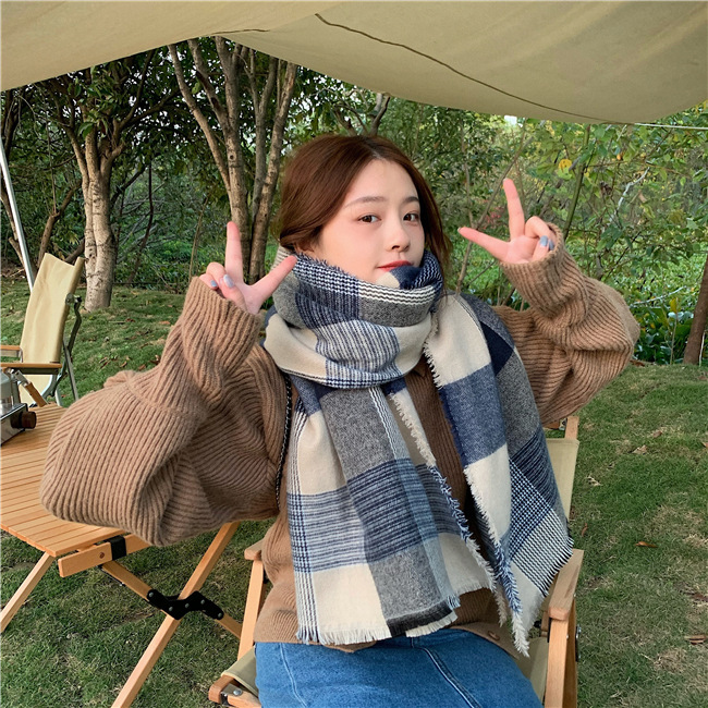 Sciarpa a quadri blu bianco super morbida per le donne in autunno inverno, spessa e calda, sciarpa in imitazione cashmere, coreana_voghion.com