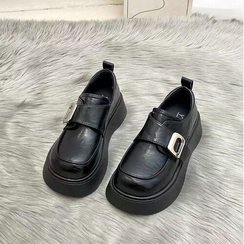2025 Spring Black Thick Sole Small Leather Pump Slip-On Versatile Single Shoes Retro British Style Loafers for Women