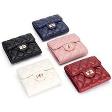 羊皮短款钱包女士菱格小香折叠三折短夹新款欧美时尚多功能女银包