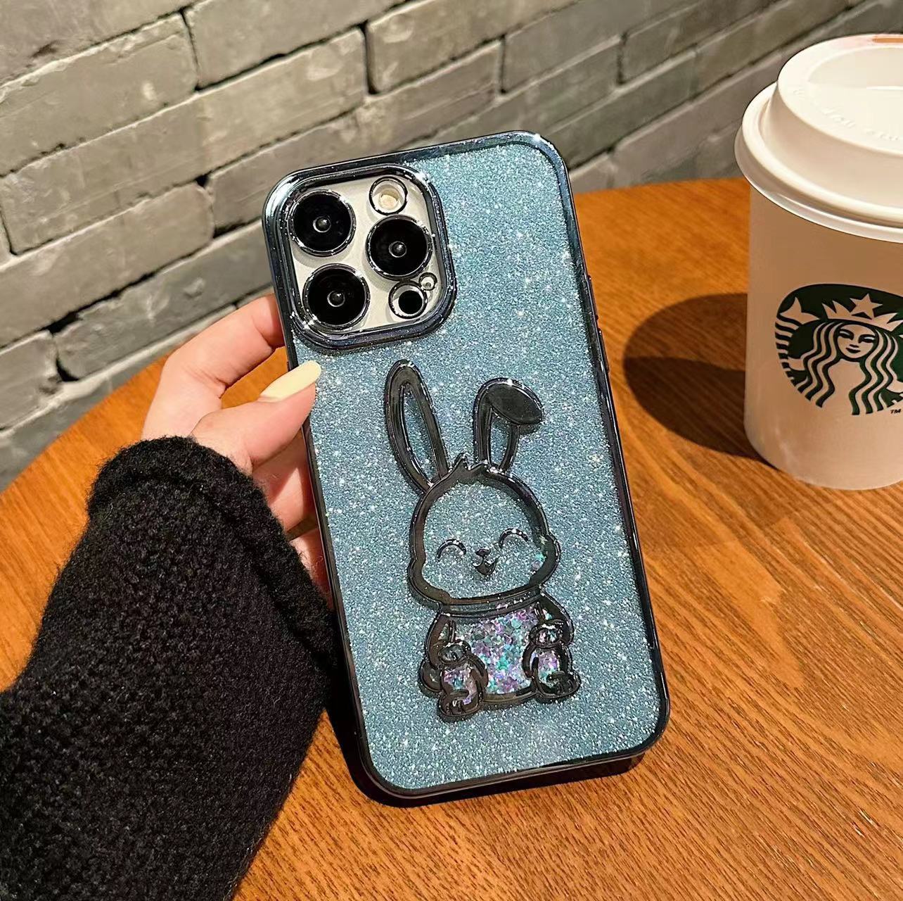 Glitter Quicksand conejo iphone15 electrochapado caja del teléfono para Apple 13pro para Apple 12/11 estéreo suave 14