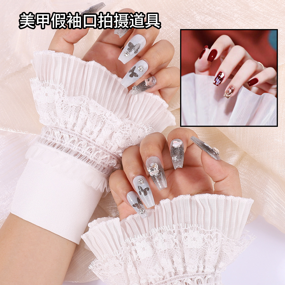 Arte del clavo falso manguito de tiro apoyos organza con volantes princesa manga boca doble fila botón diseño tamaño ajustable