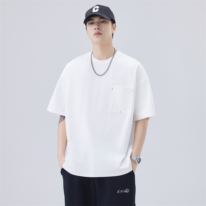 Shanggu Men's Summer New Round Neck Drop Shoulder Pocket Design Solid Color T-Shirt Trendy Loose Short Sleeve Top