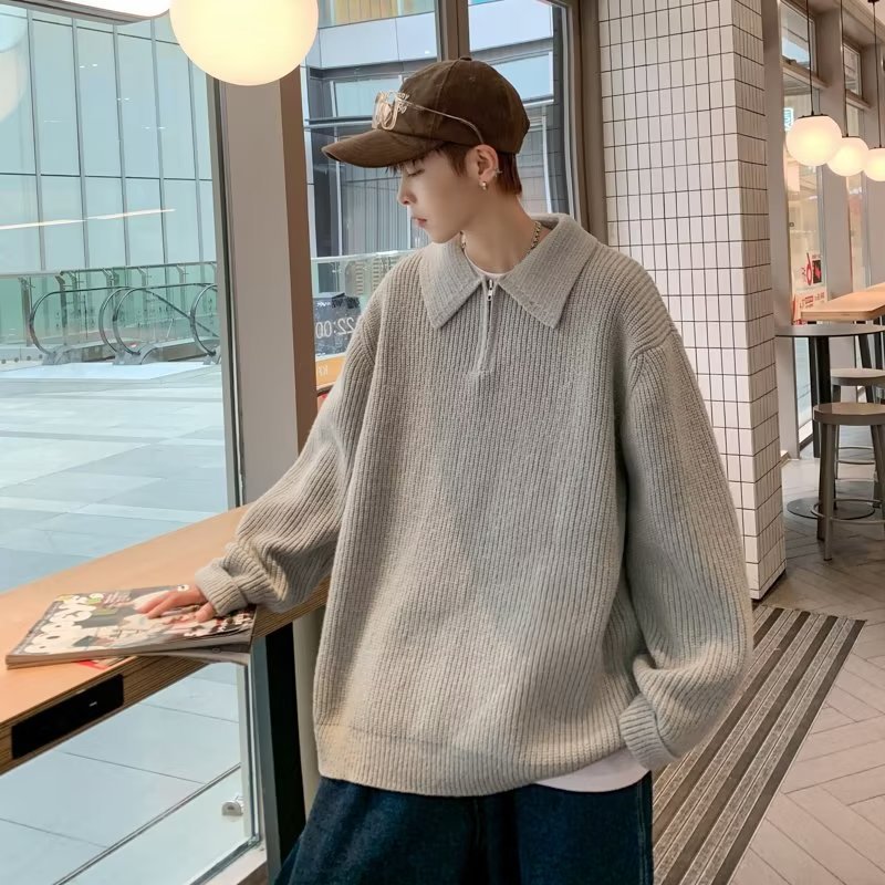 2024 nuevos hombres de otoño e invierno suéter suéter media cremallera retro color sólido cuello alto salvaje suelto conjunto simple deportivo