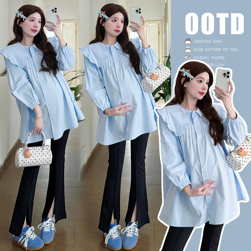 Maternity Wear 2025 Autumn New Korean Style Fashionable Doll Collar Maternity Shirt