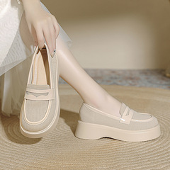 Women's slip-on woven shoe with breathable mesh, loafers, casual knit soft bottom, lazy bean-toe flat shoes, small leather shoes