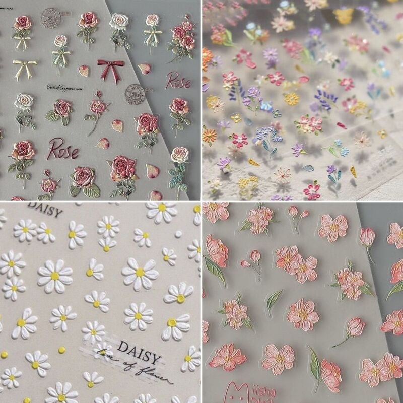 New Floral Spring Embossed High-Quality 3D Fresh Ins-Style Pen Holder Stickers for Nail Art, Cartoon Sweet Design