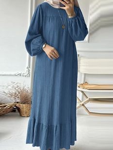 2025 Muslim Women's Robe Spring and Autumn New Fashion Puff Sleeve Retro Flap Pocket Pants Hem Ruffle Dress