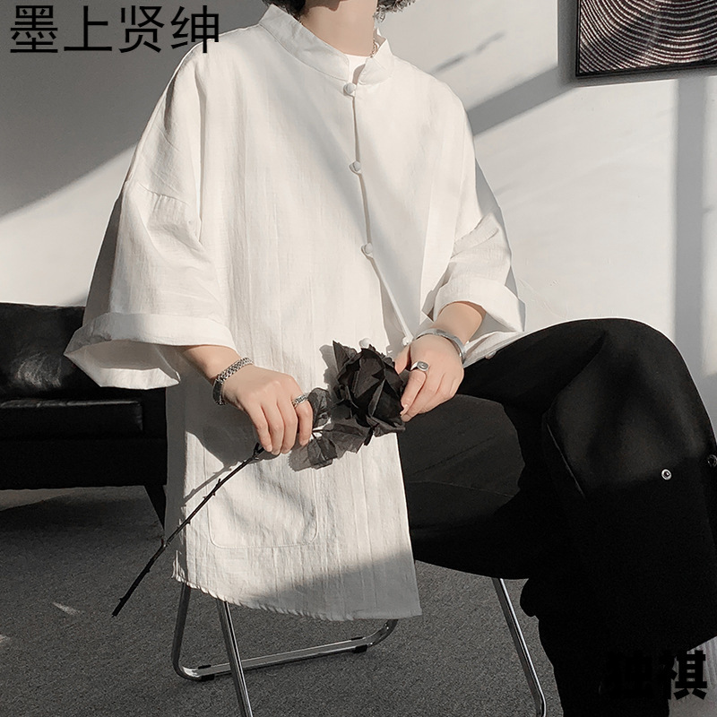 Camisa de manga de cinco puntos retro japonesa para hombre estilo fino de verano más fertilizante de talla grande nueva camisa de manga corta de algodón y lino de moda nacional de estilo chino