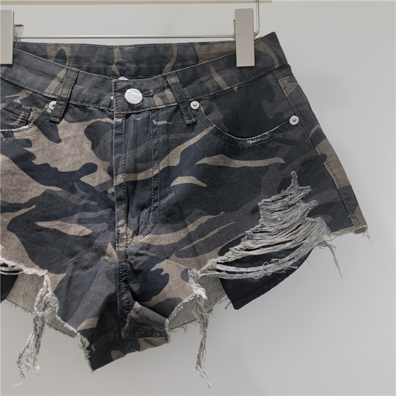 Shorts Cortos de Mezclilla con Camuflaje de Poliéster de Cintura Baja para Verano