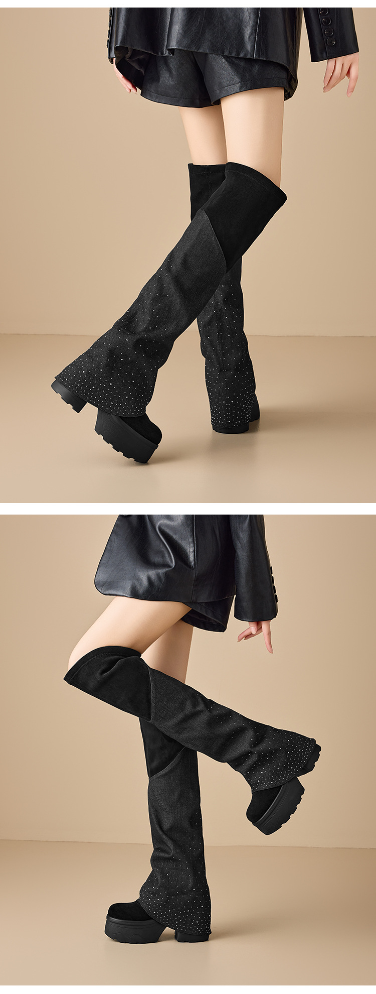 Boot nữ cổ cao ôm bắp chân gót dày mũi tròn đính đá denim đa năng — nhung đen chi tiết 4