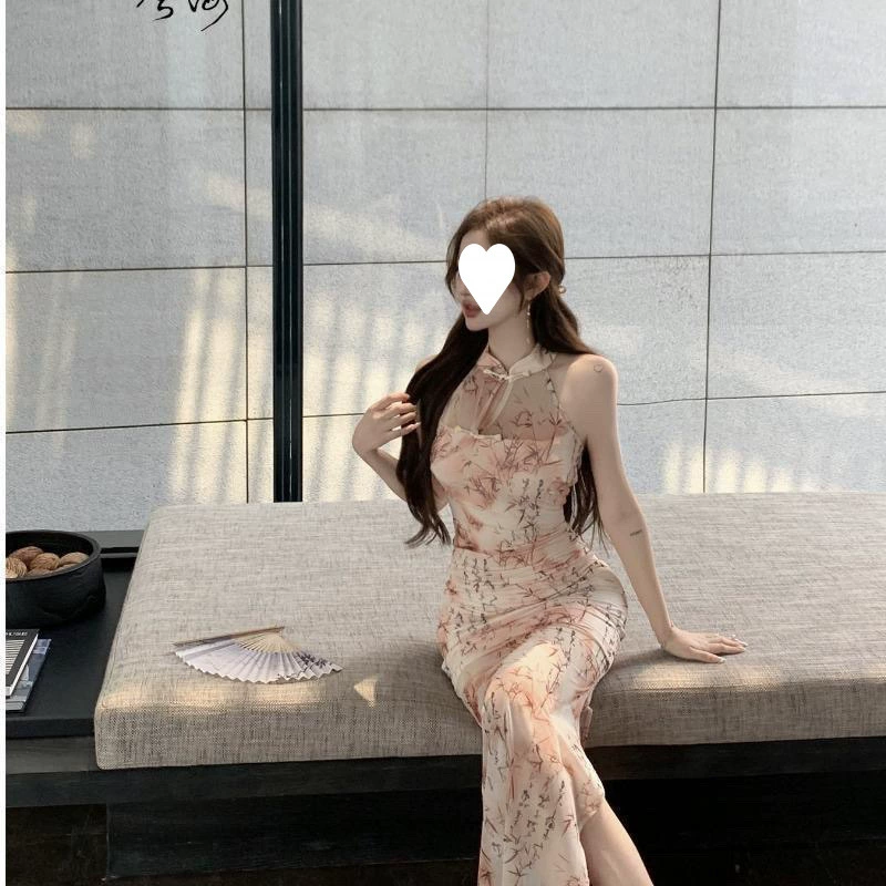 Новое сетчатое платье с воротником на бретельках в китайском стиле для женщин, летний дизайн, облегающая улучшенная юбка Cheongsam на бедрах