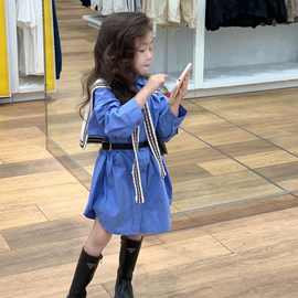 韩版童装2023秋季新款女童洋气时尚条纹针织披肩长款衬衫裙两件套