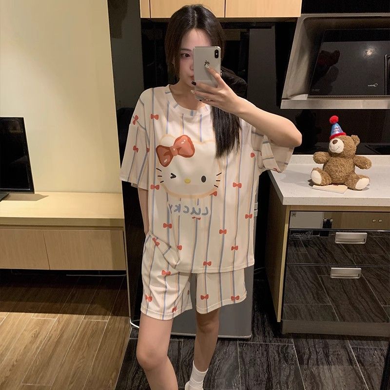 Venta al por mayor transfronteriza con almohadilla para el pecho pijamas de gato KT pantalones cortos de manga corta de verano para mujer, lindo traje de servicio a domicilio coreano, algodón de imitación
