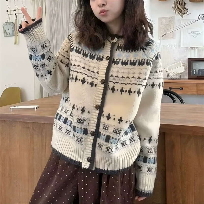 韩版圆领文艺复古提花软糯毛衣女秋冬新款宽松慵懒风时尚针织开衫|undefined
