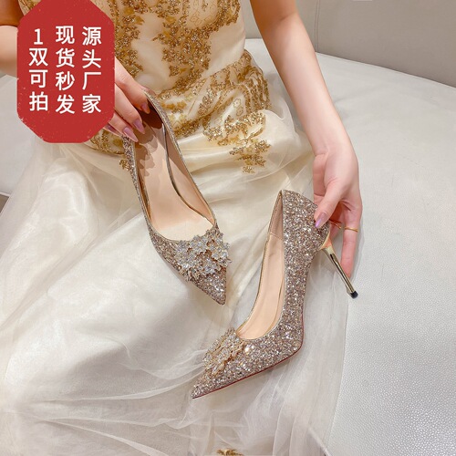 Crystal Wedding Shoes for Female Bride Xiuhe  New French Pointed Toe Stiletto Heels Rhinestone Flower Sequin Wedding Dress High Heels