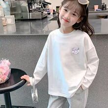 100%纯棉女童T恤春秋新款打底衫小女孩中大小儿童白色长袖上衣服