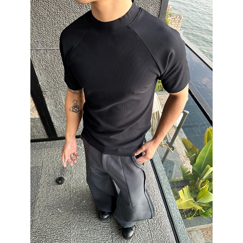 シンプルな小さなネックライン半袖メンズ夏アメリカンハーフタートルネックヘビーフィットネスショルダーTシャツテクスチャードスリム半袖|undefined