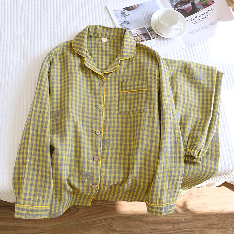 新しい綿二重糸女性シンプルな格子部屋服パジャマ長袖ズボンセット薄い春夏カジュアル