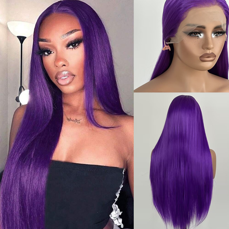 Cross-Border European and American Style Purple Long Straight Hair Full Wig Matte High-Temperature Fiber Hand-Crocheted Front Lace Cosplay Wig