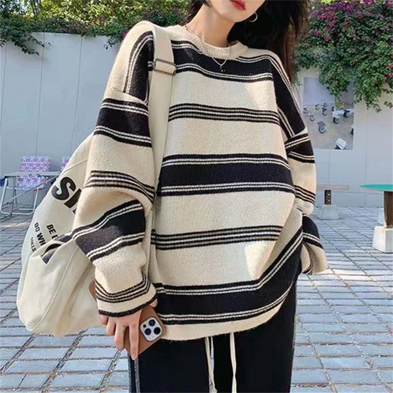 Contrast Color Striped Pullover Versatile Knitwear Autumn and Winter New Neutral Style Retro Lazy Loose Round Neck Knitwear Women's Clothing
