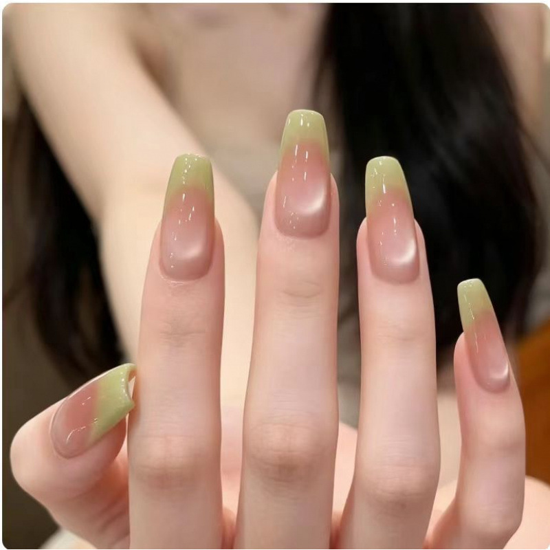 【Matcha French Style】New Handmade Nail Tips in Pink-Green French Style with Ice-Transparent Cat Eye Effect, High-End Whitening Nail Pieces 【Matcha French Style】New Handmade Nail Tips in Pink-Green French Style with Ice-Transparent Cat Eye Effect, High-End Whitening Nail Pieces