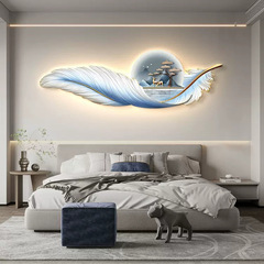 現代輕奢客廳裝飾畫羽毛掛畫帶led感應燈畫高級感沙發背景牆壁畫