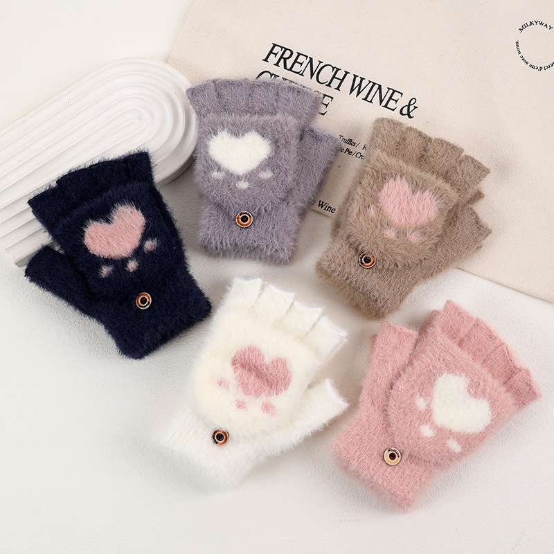 mink-like knitted gloves flip finger autumn and winter cute dew warm gloves student unisex thickened gloves plush