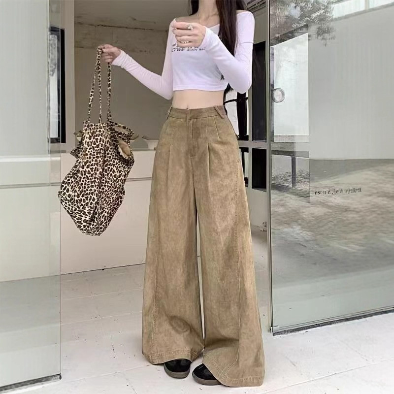 Petite Design American-Style Dark Khaki Retro High-Waisted Women's Wide-Leg Loose Slimming Straight-Leg Floor-Length Jeans
