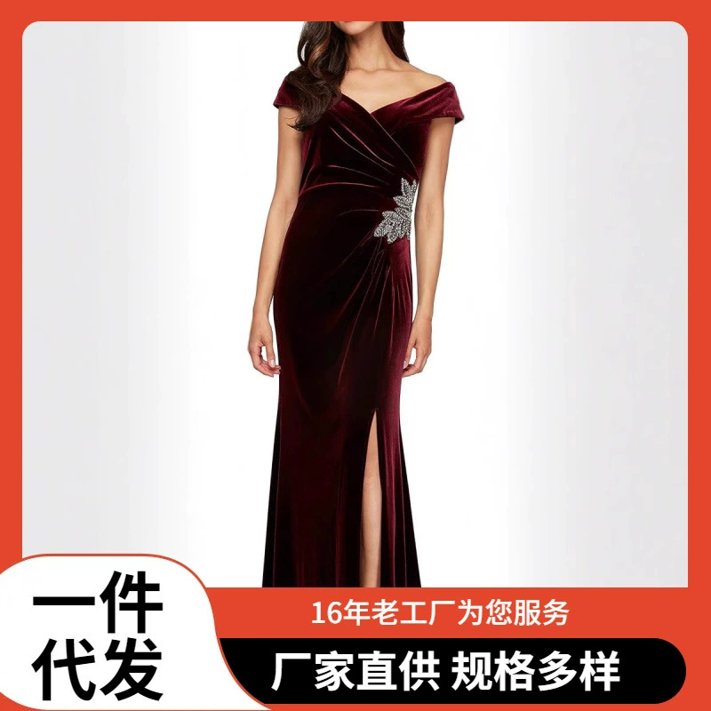 Новое вечернее платье Amazon 2025 года для женщин, бархатное, длинное, облегающее бедра, с кружевными аппликациями, для вечеринок и банкетов