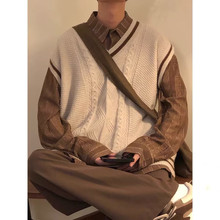 秋冬宽松美式复古v领背心毛衣男设计感日系学院风情侣马甲针织衫