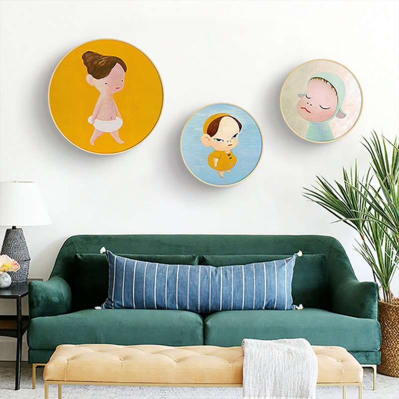 奈良美智北欧文艺小众儿童房装饰画梦游娃娃可爱卡通圆形挂画