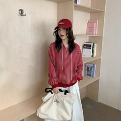 韩系慵懒风休闲撞色条纹长袖毛衣开衫女秋季宽松针织连帽外套上衣