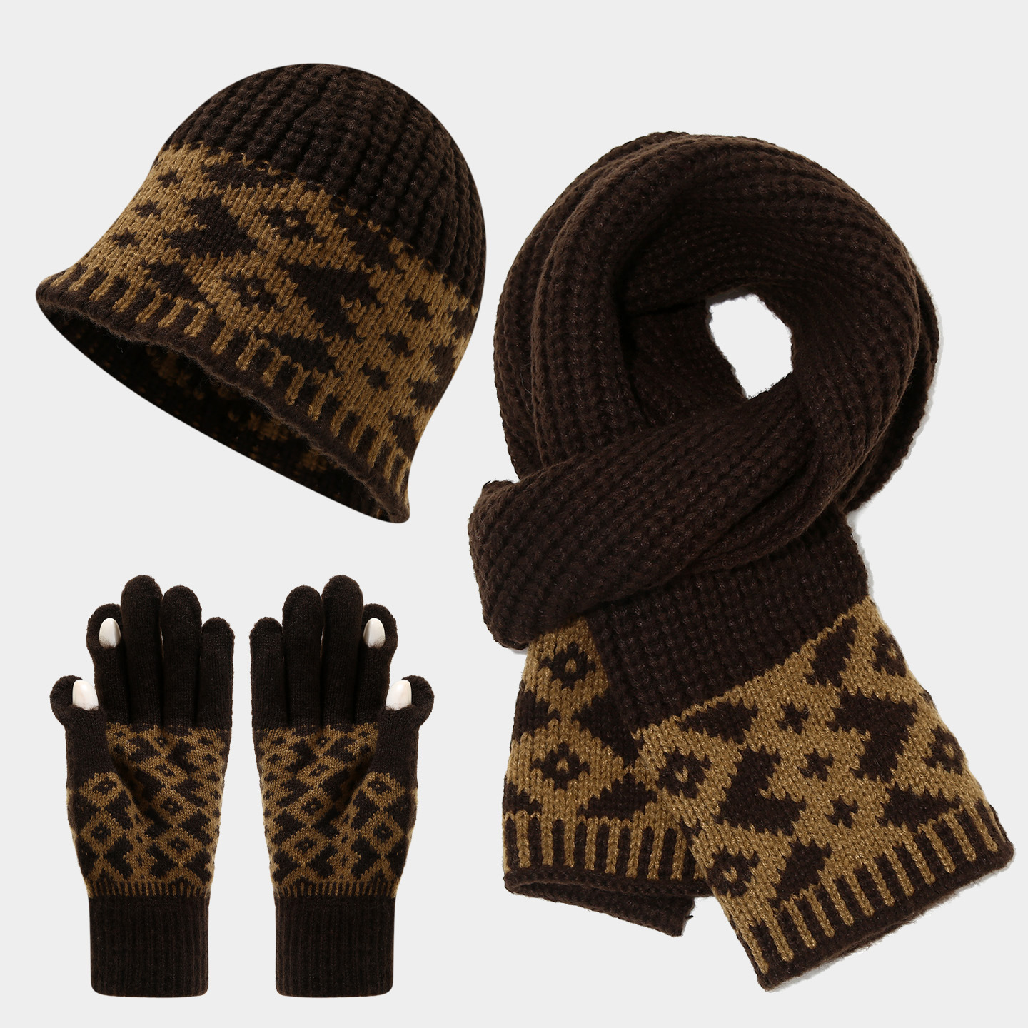 Otoño y invierno de lana caliente sombrero bufandas guantes de tres piezas estilo nacional de moda para mujeres protectoras de oídos frías set de moda