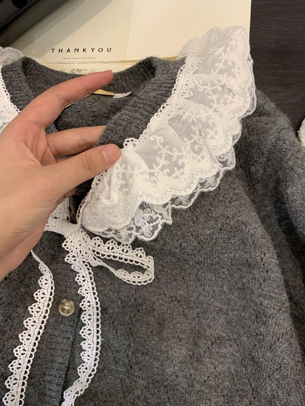 娃娃领毛衣女春秋慵懒可爱甜美蕾丝V领针织开衫外套日系温柔上衣|undefined