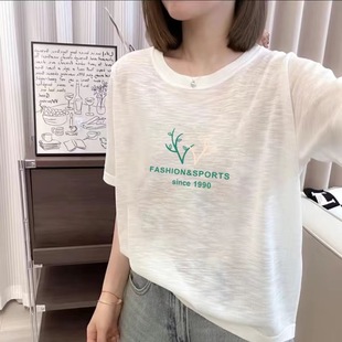 Cotton 2025 Short-sleeved Summer Explosions Slub Cotton Breathable Korean Round Neck Loose Slim Outer Wear Top for Women