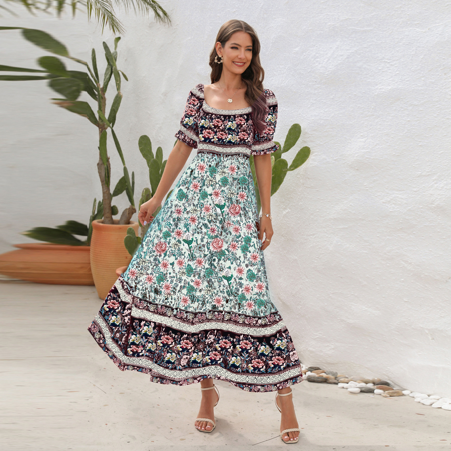 Women's Regular Dress Bohemian U Neck Printing Lettuce Trim Short Sleeve Printing Maxi Long Dress Travel Daily display picture 25