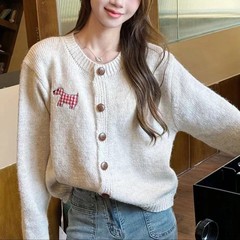 小狗贴布粉色圆领毛衣开衫女2025秋冬新款软糯宽松慵懒风针织外套