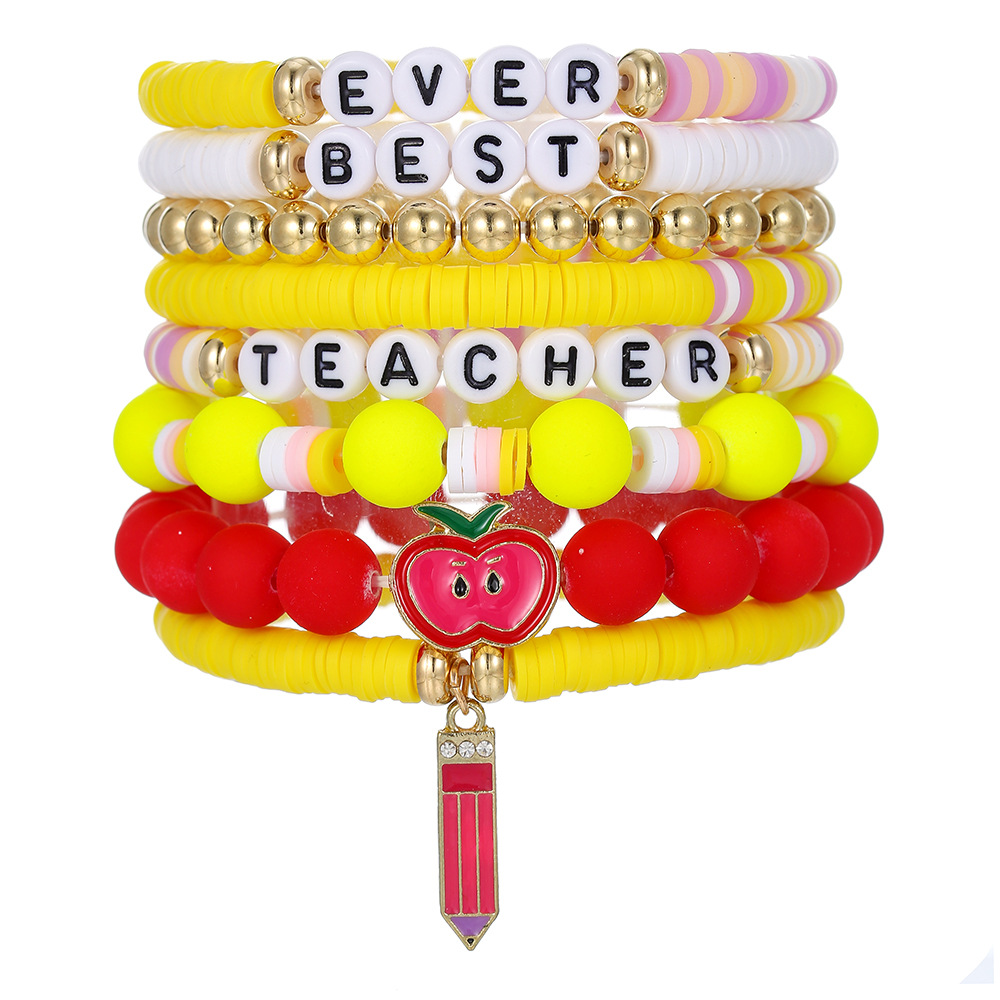Teacher's Day Bracelet Set Apple Pencil Pendant Thanksgiving Teacher Gift Letter Beads Soft Clay Beaded Bracelet Wholesale