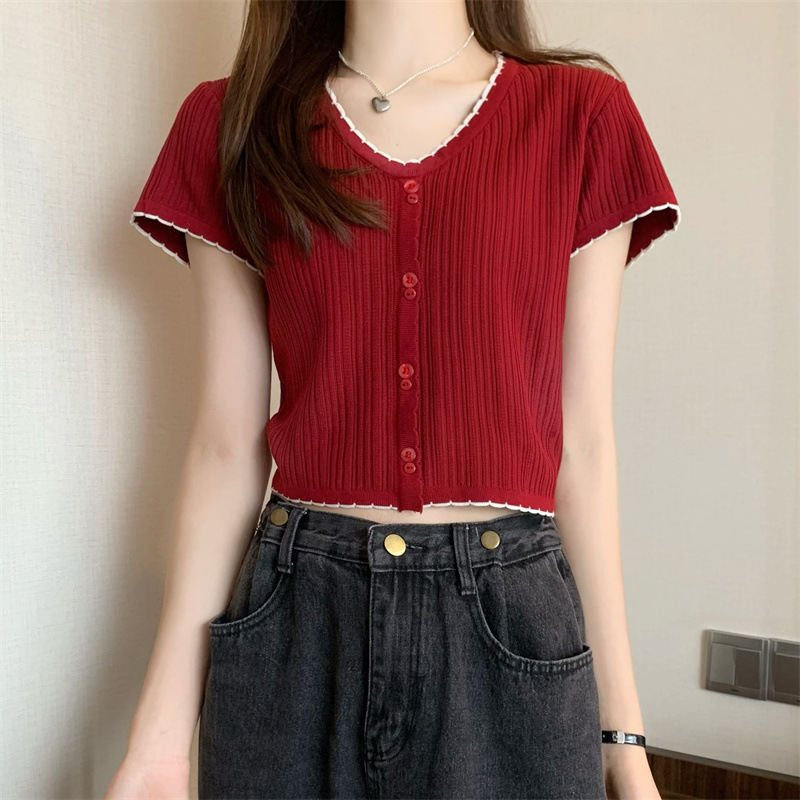 韓国の純粋な欲望デザインの女性用半袖ニットTシャツ2025新しい夏スタイルのスリムフィットショートトップ|undefined