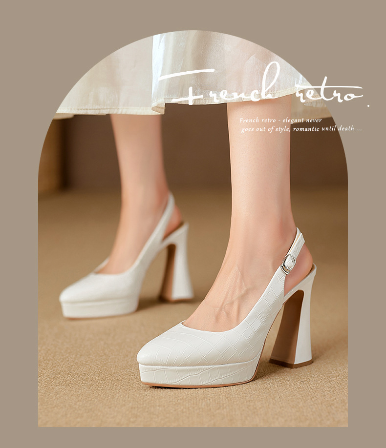 Sandal cao gót nữ mũi nhọn bít gót 10 cm, đế platform, da thật đi làm 2026 — màu trắng ngà, bạc chi tiết 1
