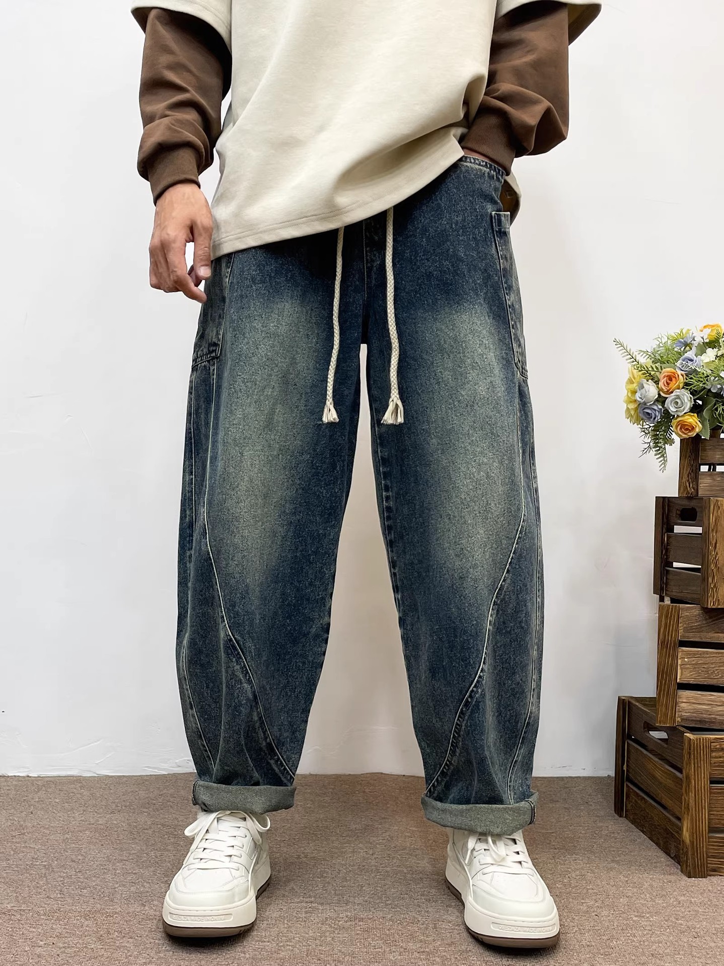 Men's Light Blue Washed Harem Jeans Casual Denim Pants For Men_voghion.com