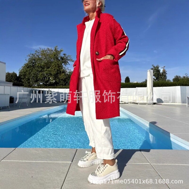 2025欧美英伦街拍女装秋冬大衣中长款加厚颗粒绒毛呢红色大衣外套|undefined