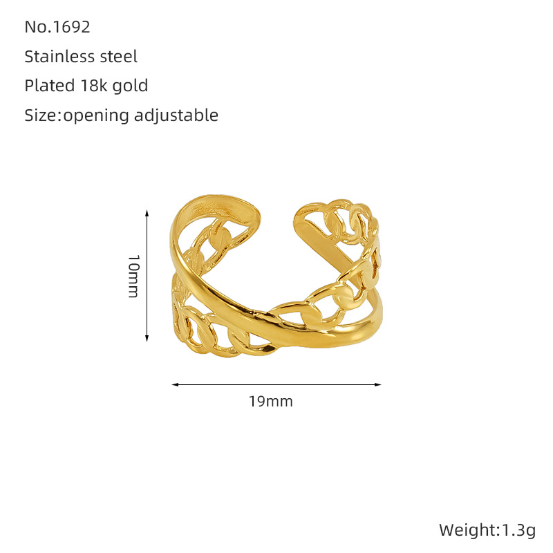 Nuevo anillo abierto geométrico hueco de lujo ligero europeo y americano transfronterizo, femenino, anillo de acero de titanio dorado de 18k, femenino