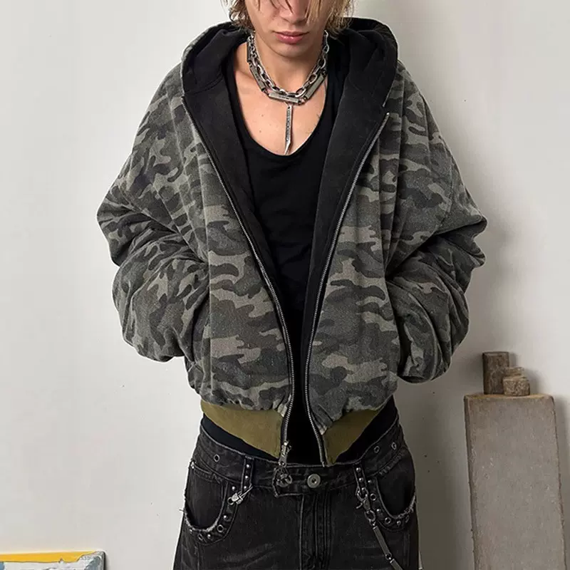 跨境欧美2025秋冬新款亚马逊复古街头连帽拉链口袋两面穿棉服外套