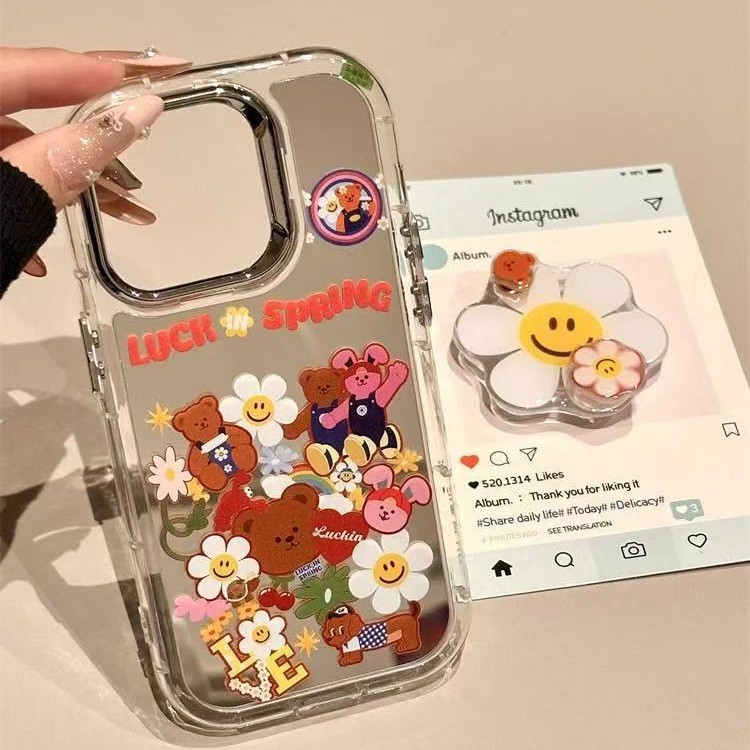 Verano lindo dibujos animados flor oso para iphone15 espejo 16ProMax funda para teléfono móvil Apple 13 femenino 14