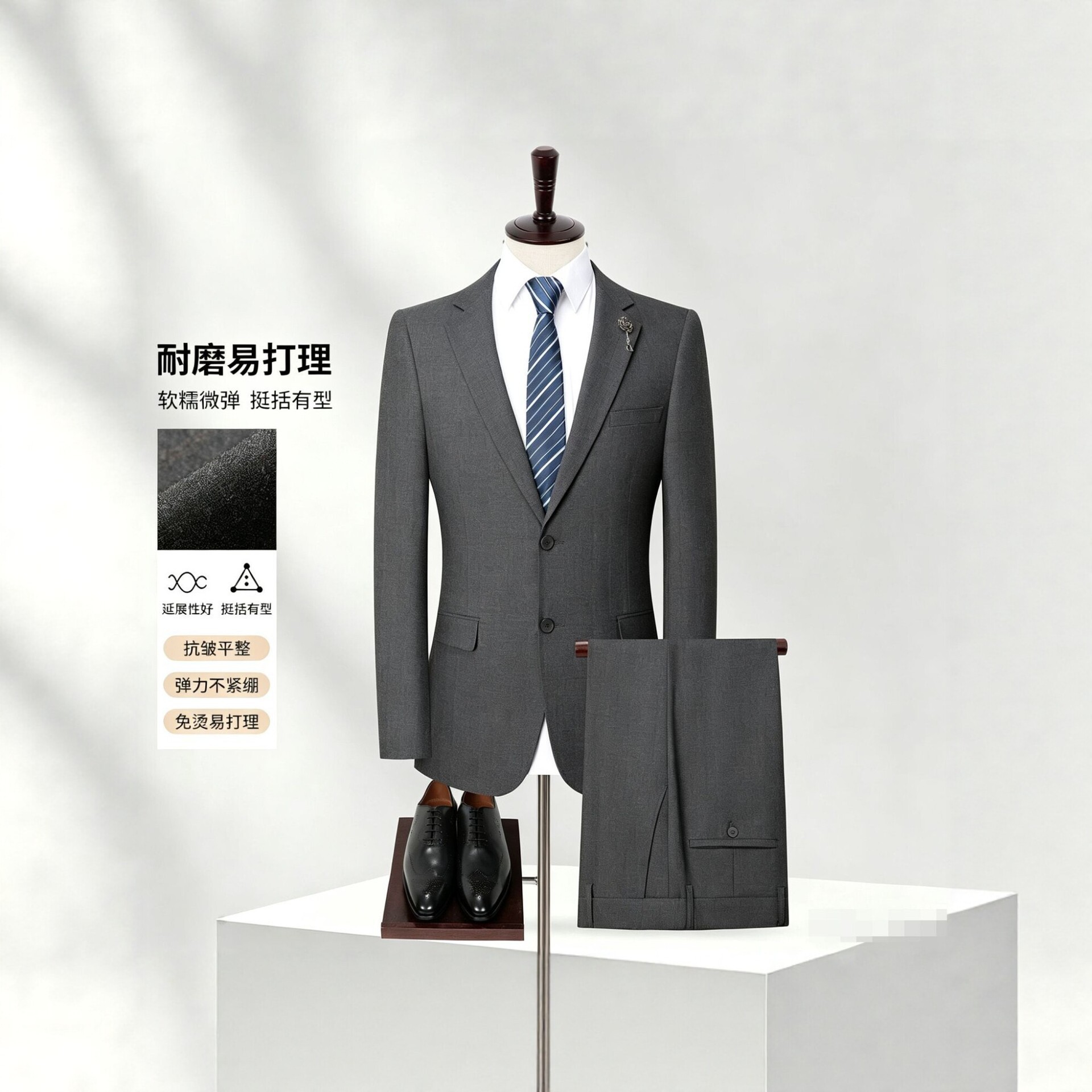 2026新款男士灰色条纹修身西服套装商务正装抗皱免烫职业装双开叉