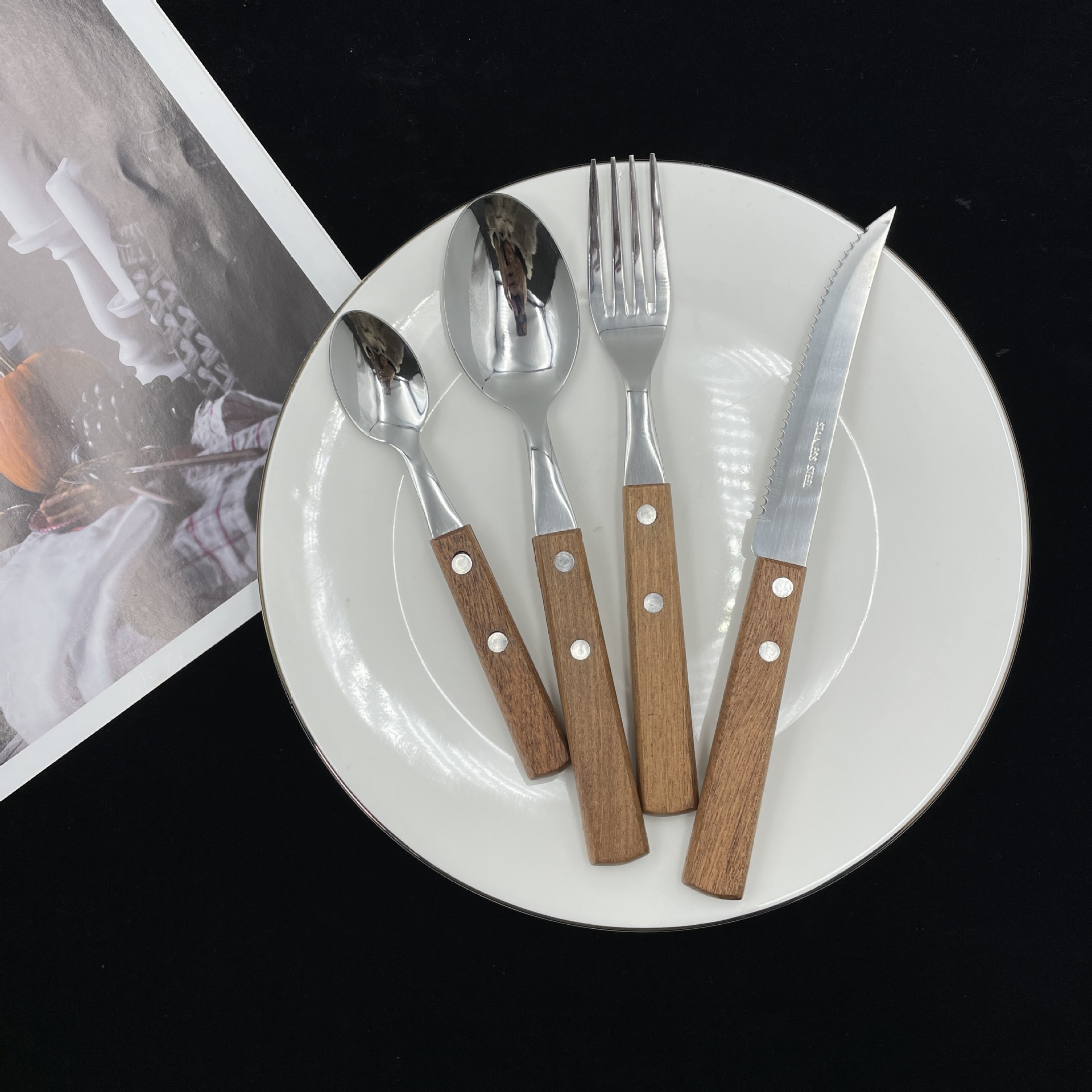 【刀叉勺四件套】实木手柄刀叉套装日式轻奢不锈钢牛排刀西餐餐具