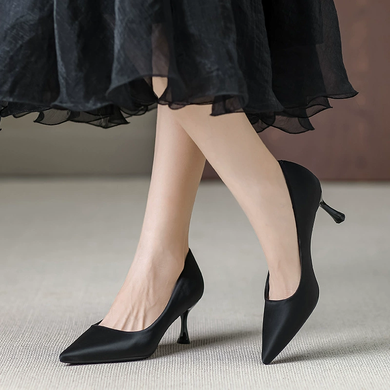 Туфли на высоком каблуке женский каблук 2024 осень лето новый дикий интервью рабочая обувь этикет профессиональный остроконечный одиночный ботинок женский